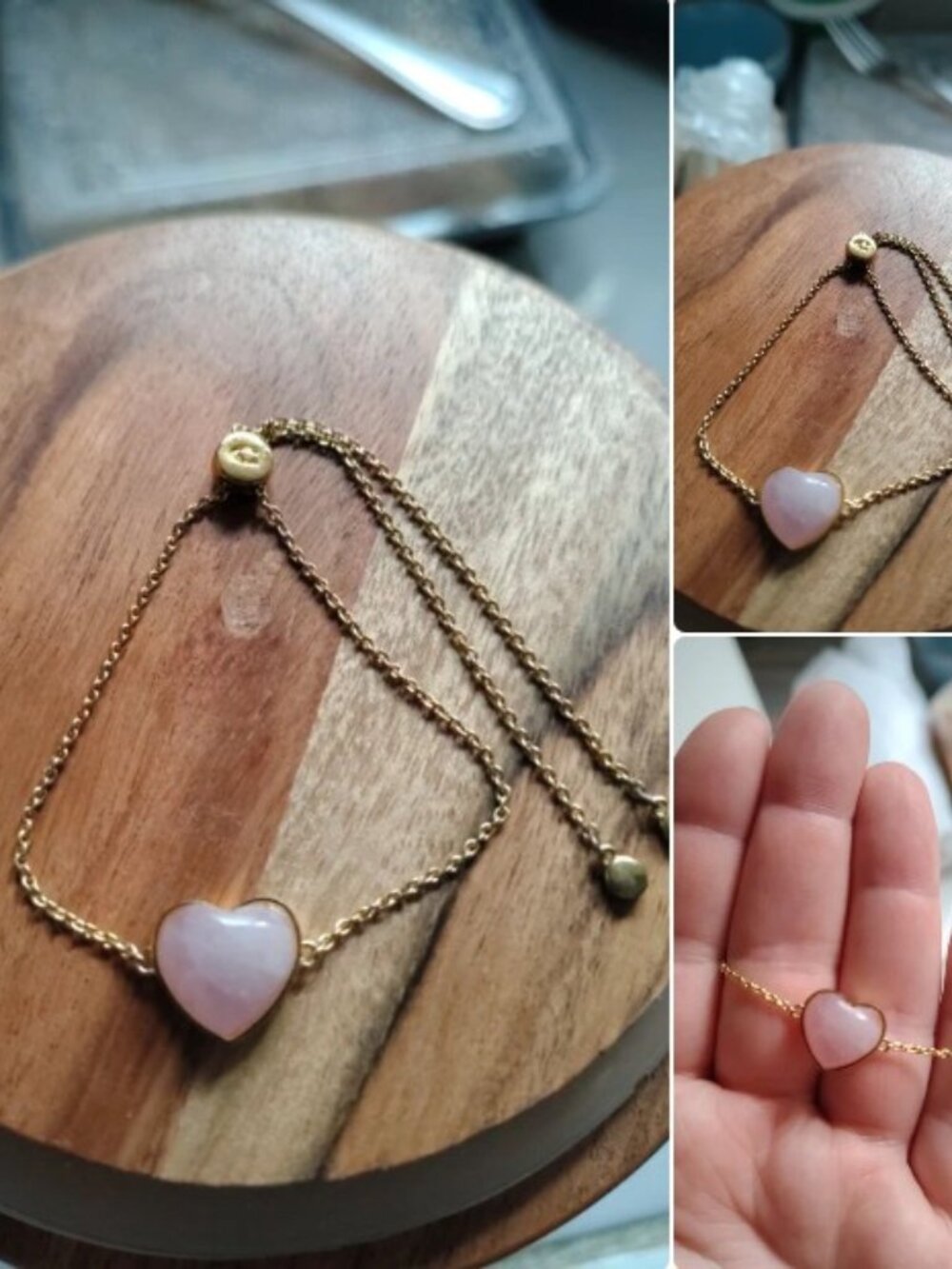 Coach Women Carved Rose Quartz Pink Heart Yellow Gold Adjustable Bracelet